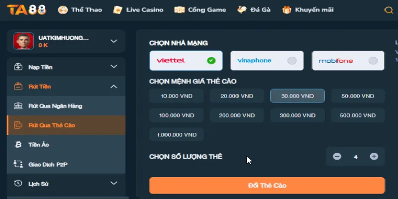 Chọn mệnh giá và số thẻ muốn rút tiền tại tài khoản Chọn mệnh giá và số thẻ muốn rút tiền tại tài khoản