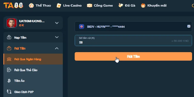 Truy cập acc sau đó chọn mục rút tiền và điền thông tin Truy cập acc sau đó chọn mục rút tiền và điền thông tin